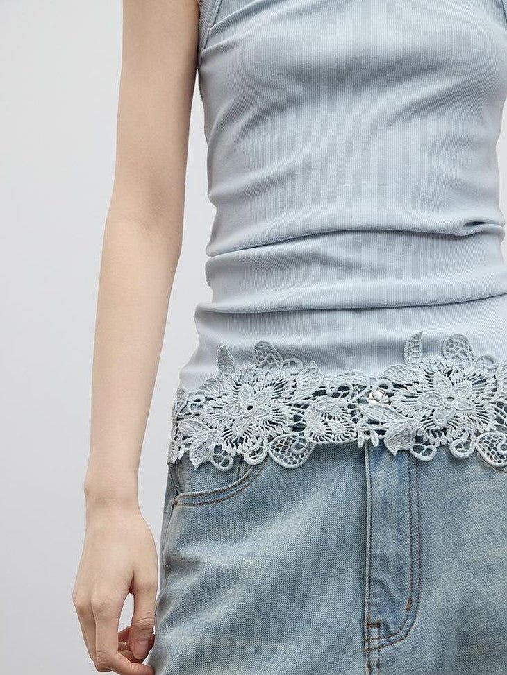 FUSSED Girly Rope Embroidery Hollow Lace Slim Women&