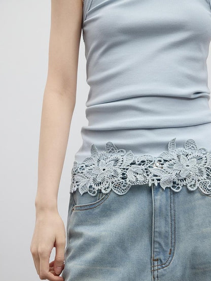 FUSSED Girly Rope Embroidery Hollow Lace Slim Women&
