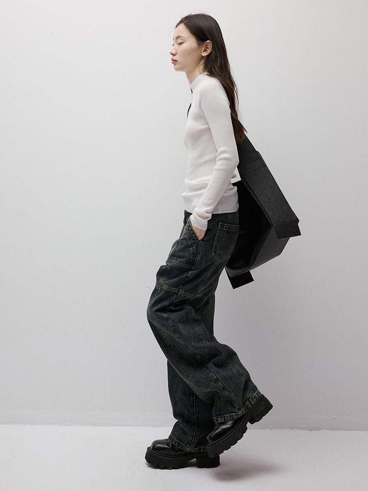 FUSSED Gray Blue Stonewash Ripped Seam Patchwork High Waist Women&