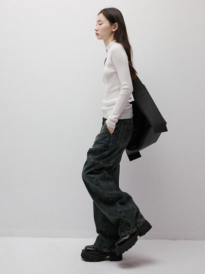 FUSSED Gray Blue Stonewash Ripped Seam Patchwork High Waist Women&