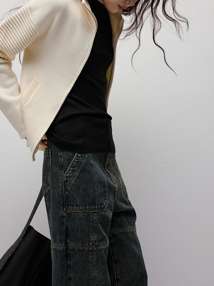 FUSSED Gray Blue Stonewash Ripped Seam Patchwork High Waist Women&