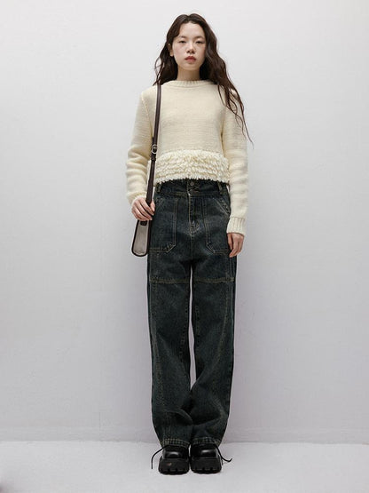 FUSSED Gray Blue Stonewash Ripped Seam Patchwork High Waist Women&