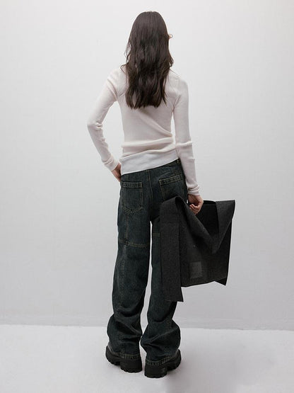 FUSSED Gray Blue Stonewash Ripped Seam Patchwork High Waist Women&