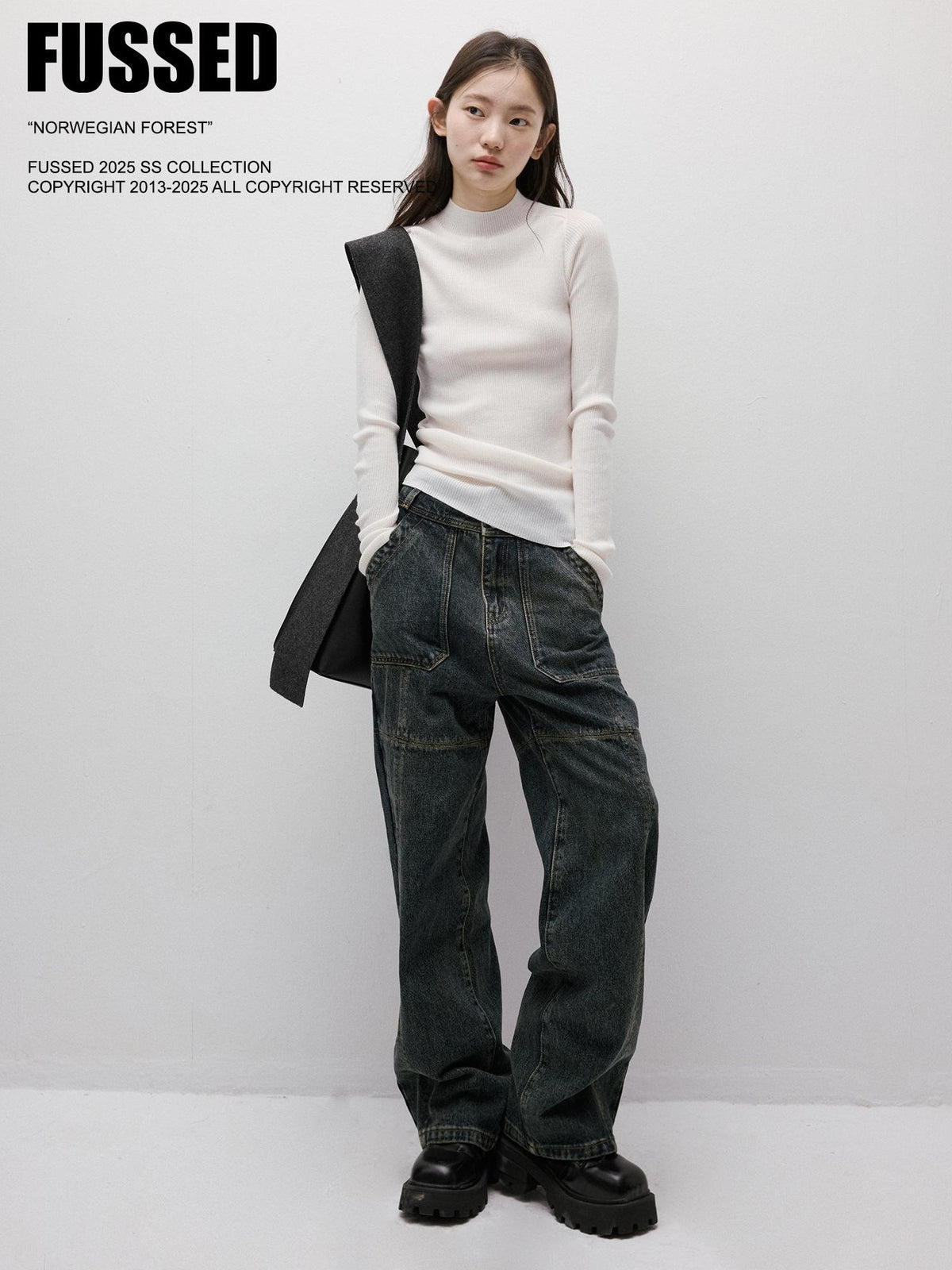 FUSSED Gray Blue Stonewash Ripped Seam Patchwork High Waist Women&