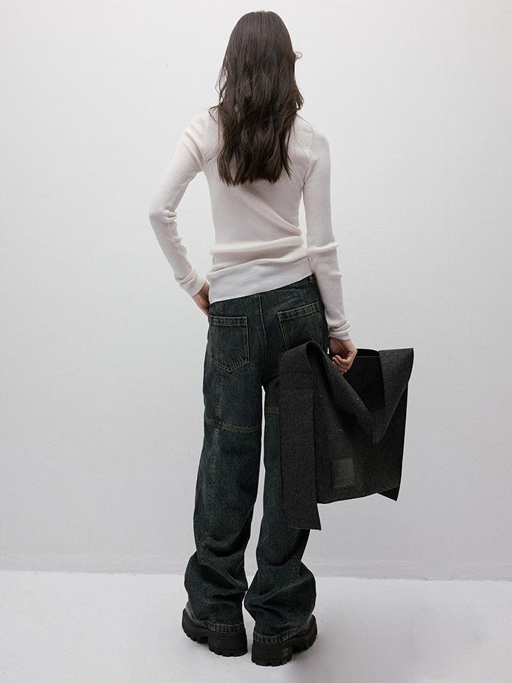 FUSSED Gray Blue Stonewash Ripped Seam Patchwork High Waist Women&