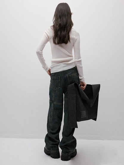 FUSSED Gray Blue Stonewash Ripped Seam Patchwork High Waist Women&