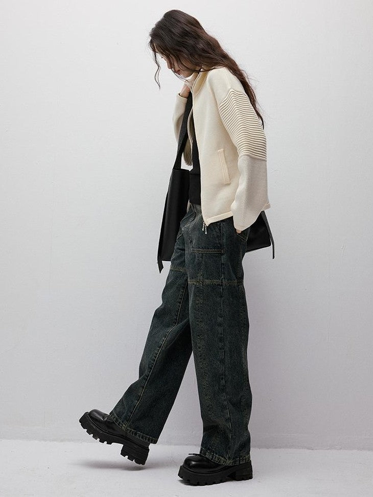 FUSSED Gray Blue Stonewash Ripped Seam Patchwork High Waist Women&