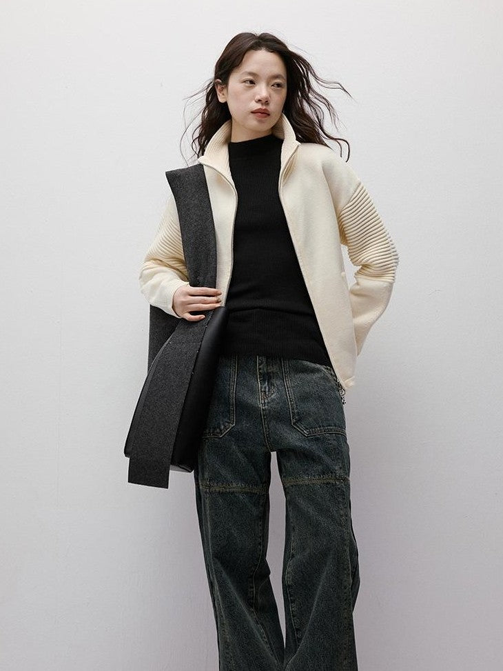 FUSSED Gray Blue Stonewash Ripped Seam Patchwork High Waist Women&