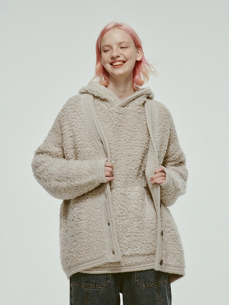 FUSSED_Gray_White_Machine_Crochet_Loop_V-neck_Single_Row_Buttons_Women&