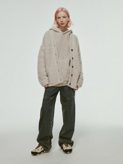 FUSSED Gray White Machine Crochet Loop V-neck Single Row Buttons Women&