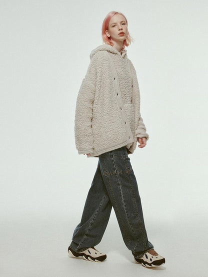 FUSSED Gray White Machine Crochet Loop V-neck Single Row Buttons Women&