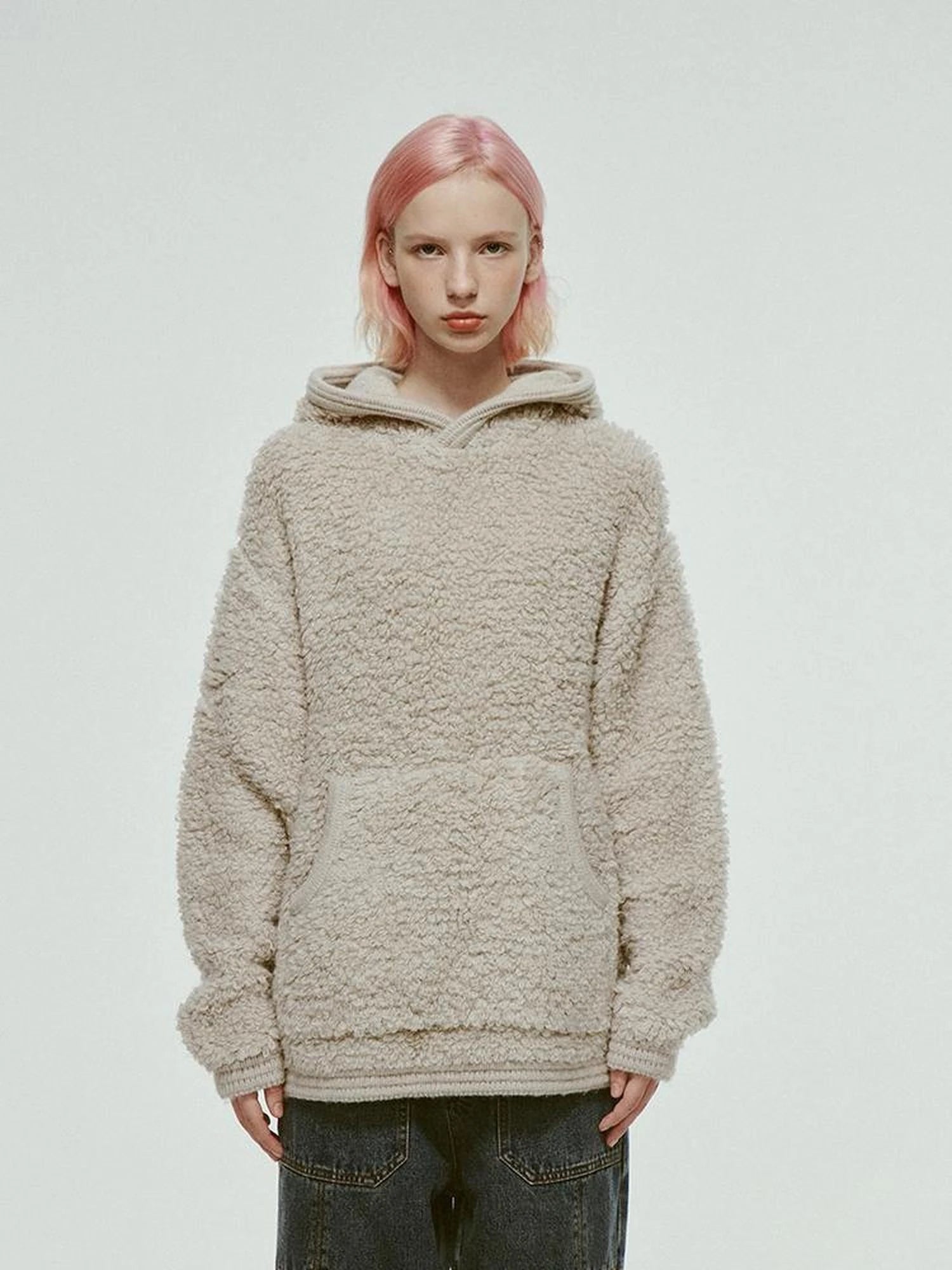 Gray White Wool Blend Fleece Hoodie