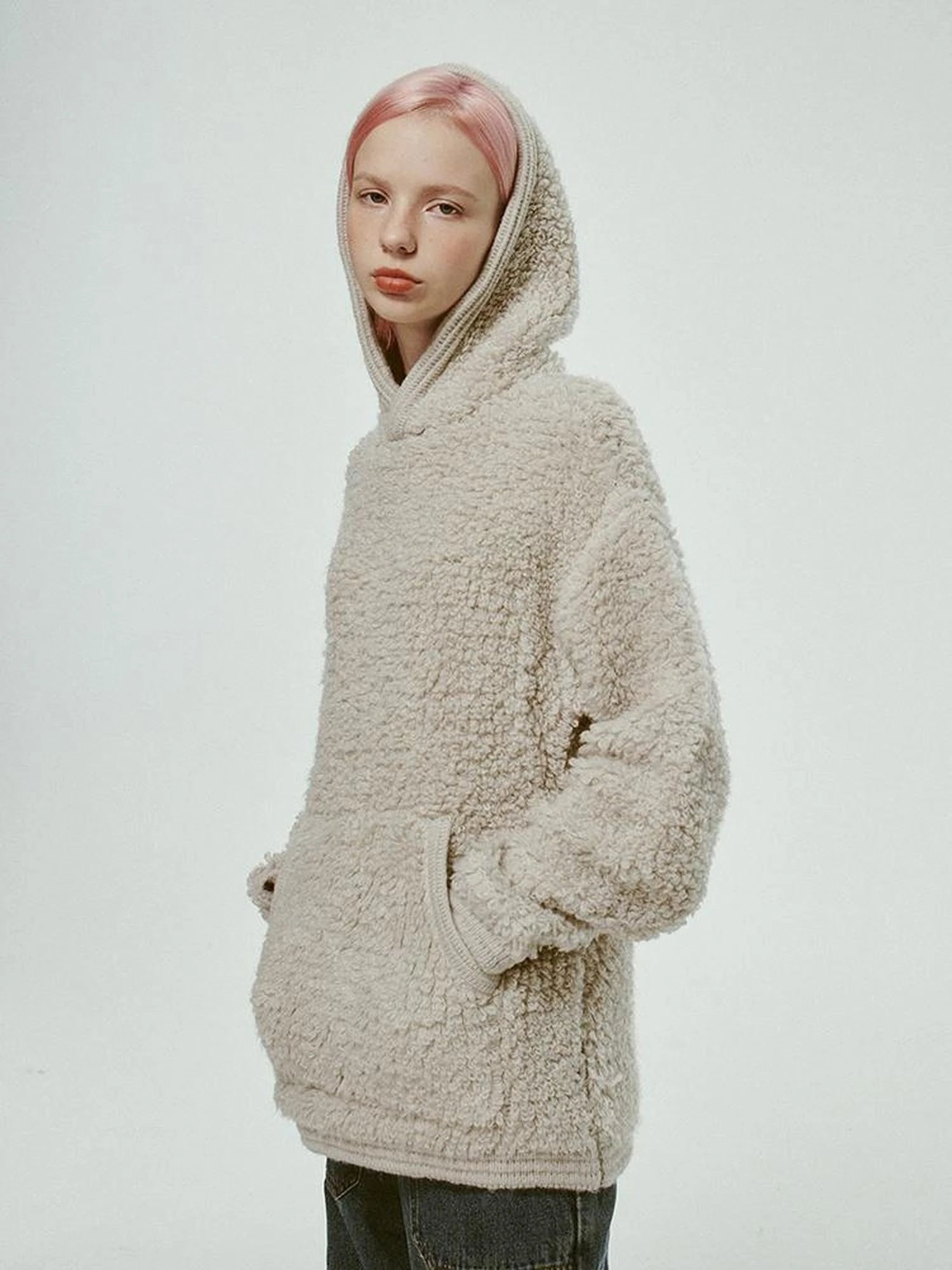 Gray White Wool Blend Fleece Hoodie