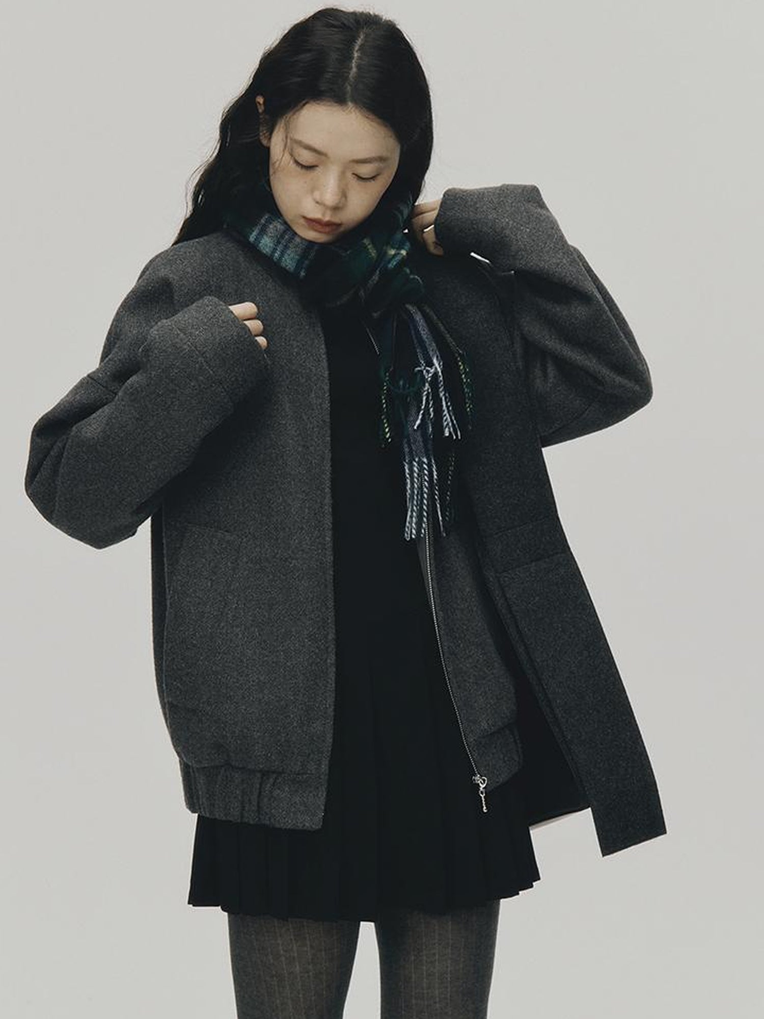 FUSSED Grey Melange Wool Blend Baseball Jacket
