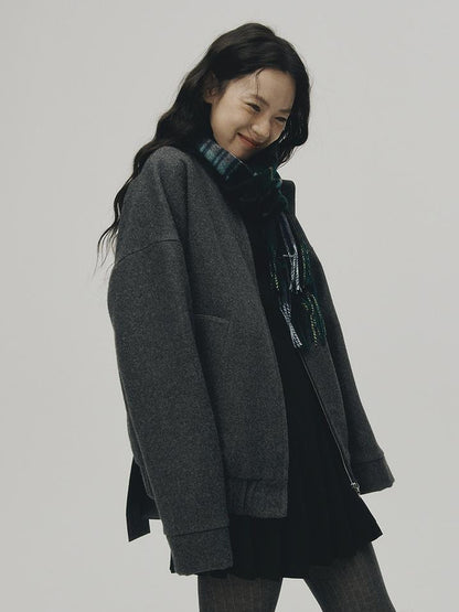 FUSSED Grey Melange Wool Blend Baseball Jacket