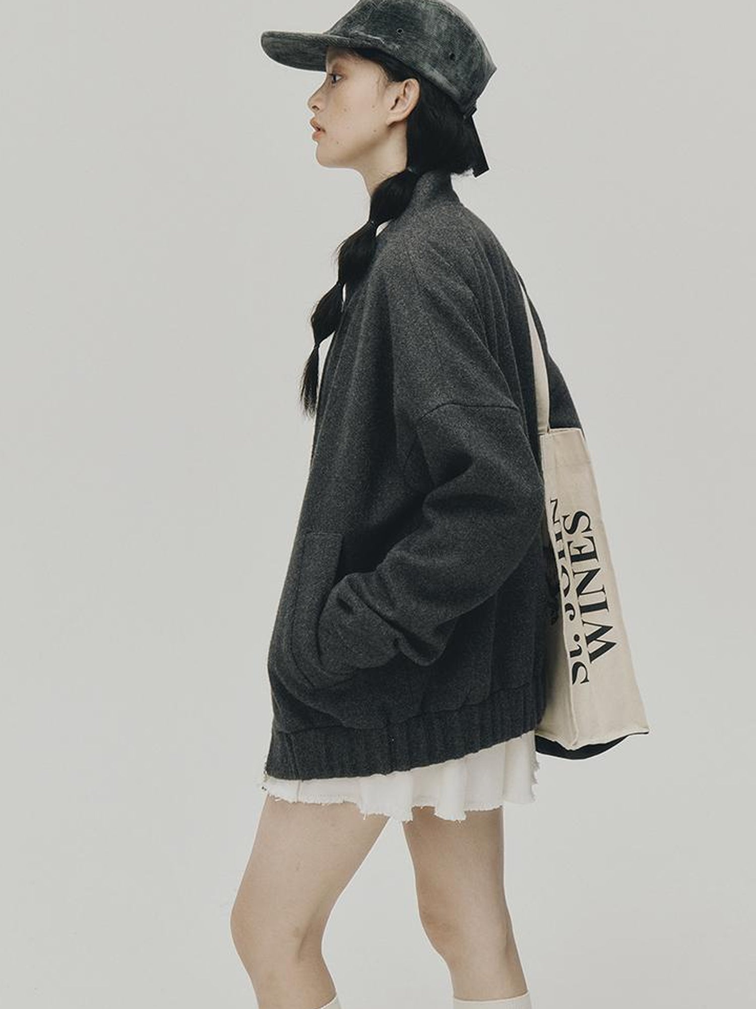 FUSSED Grey Melange Wool Blend Baseball Jacket