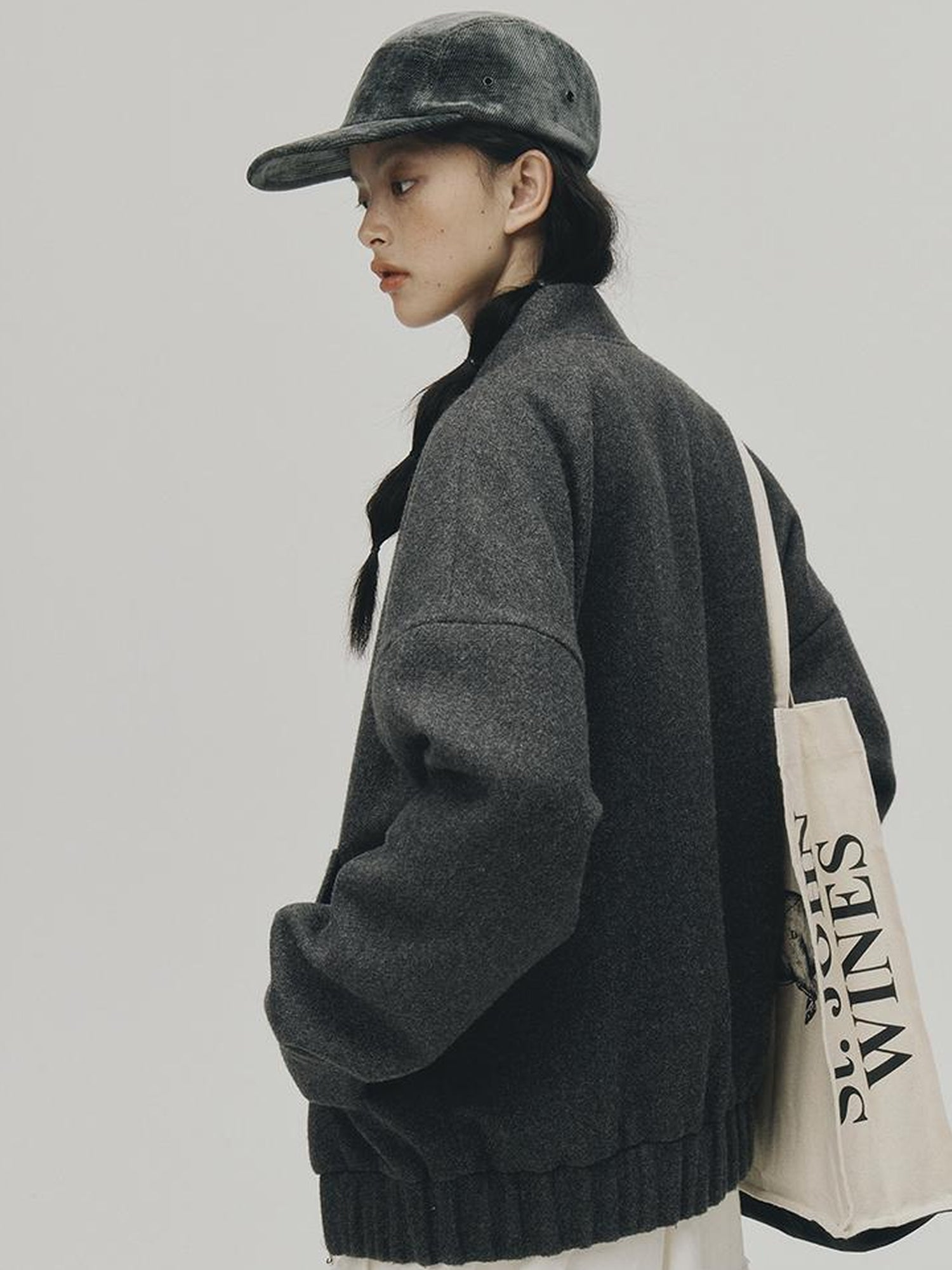 FUSSED Grey Melange Wool Blend Baseball Jacket