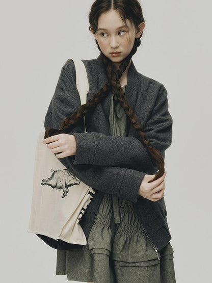 FUSSED Grey Melange Wool Blend Baseball Jacket