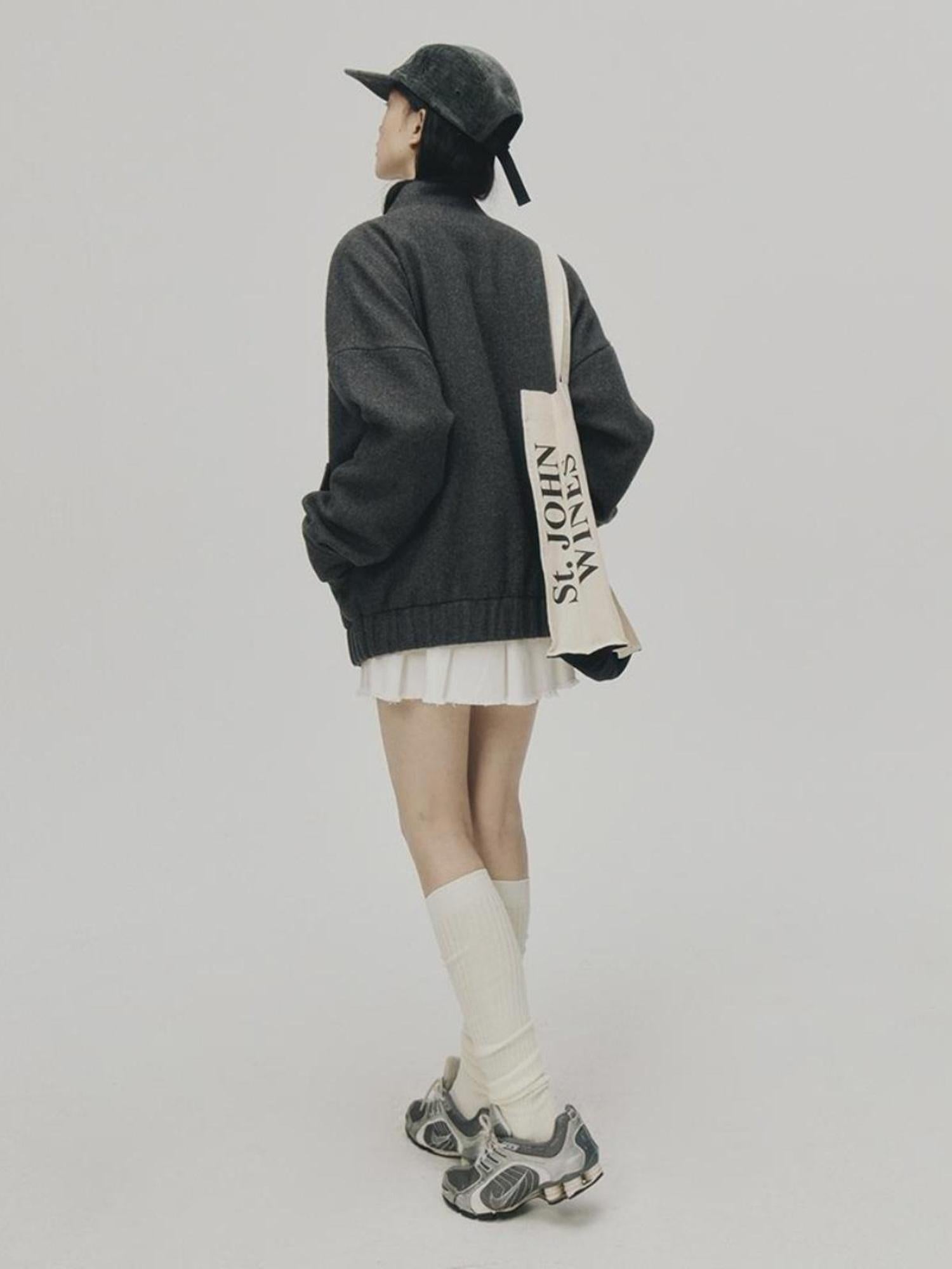FUSSED Grey Melange Wool Blend Baseball Jacket