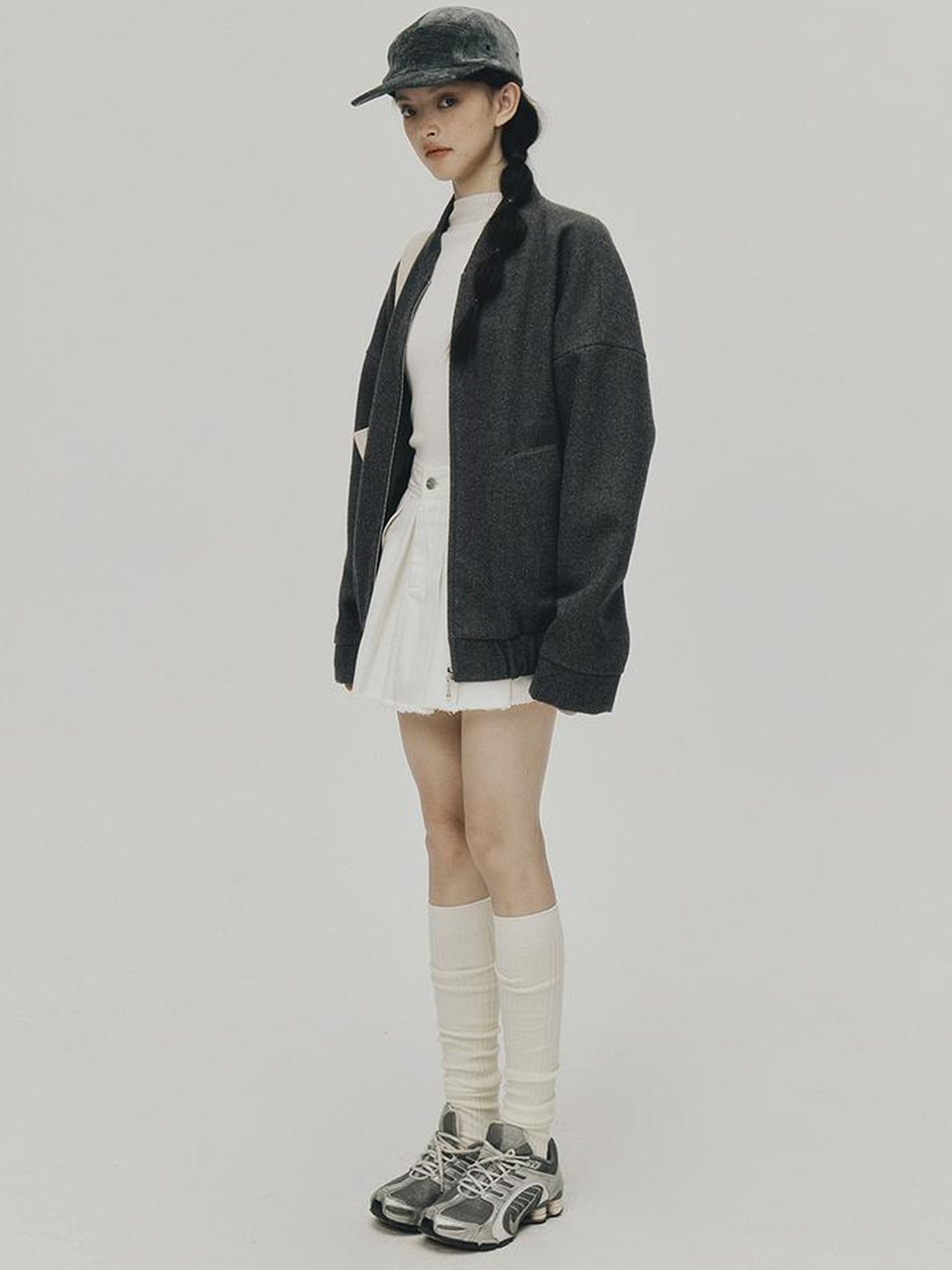 FUSSED Grey Melange Wool Blend Baseball Jacket