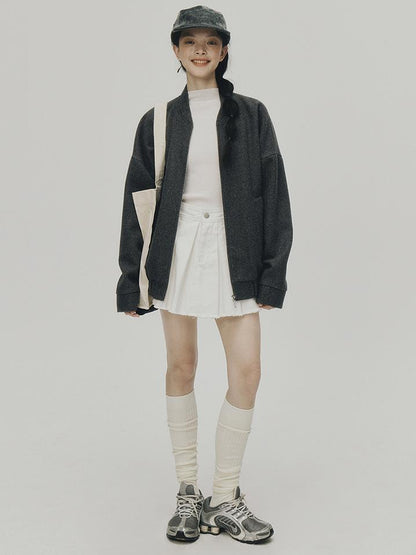FUSSED Grey Melange Wool Blend Baseball Jacket