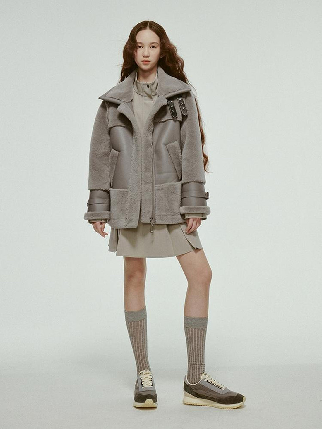 FUSSED Grey Shearling Trimmed Suede Coat With Detachable Collar