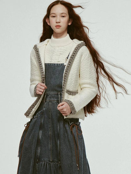 Hand Embroidered White Grey Crochet Knit Cardigan Coat