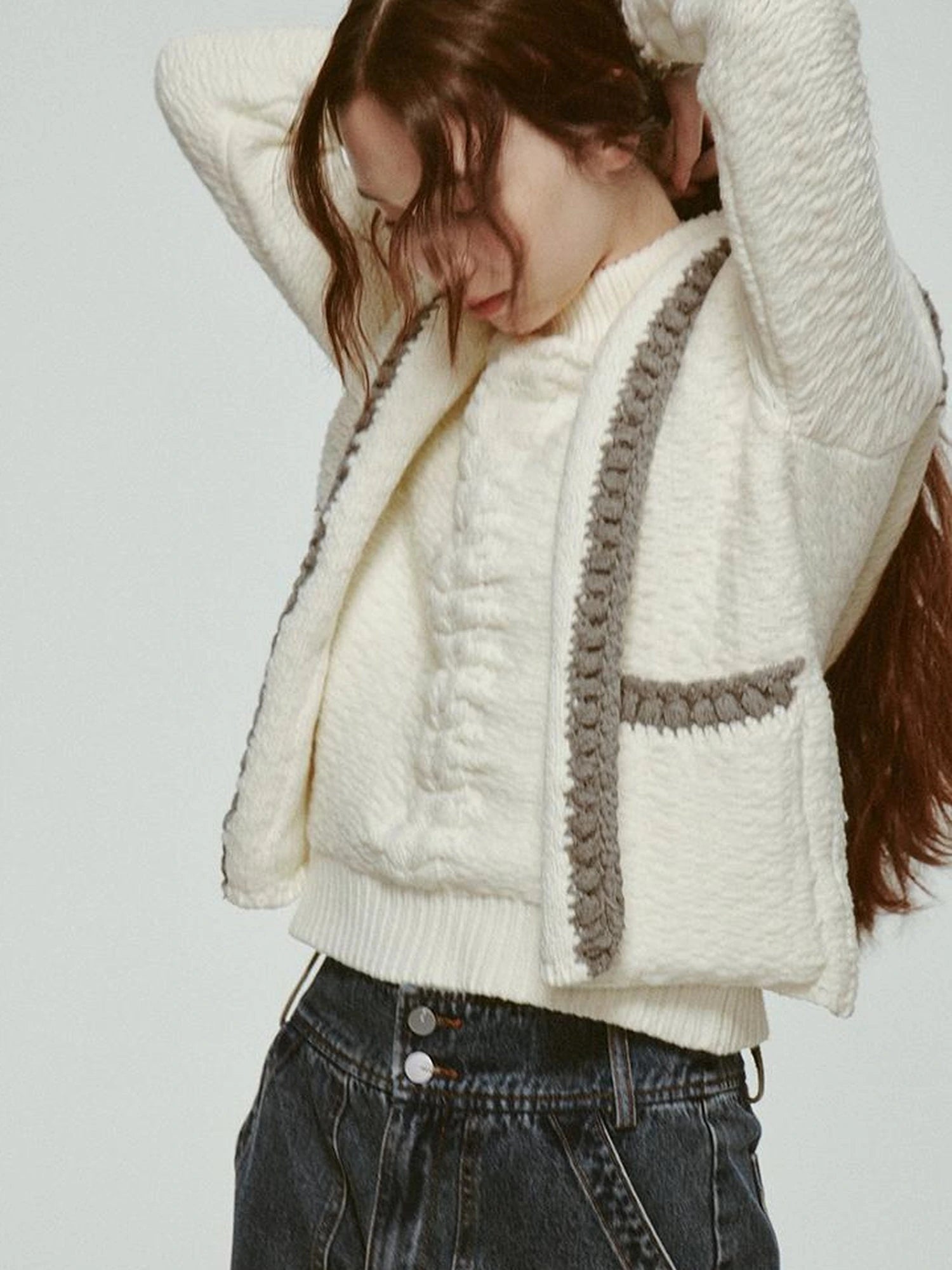 Hand Embroidered White Grey Crochet Knit Cardigan Coat