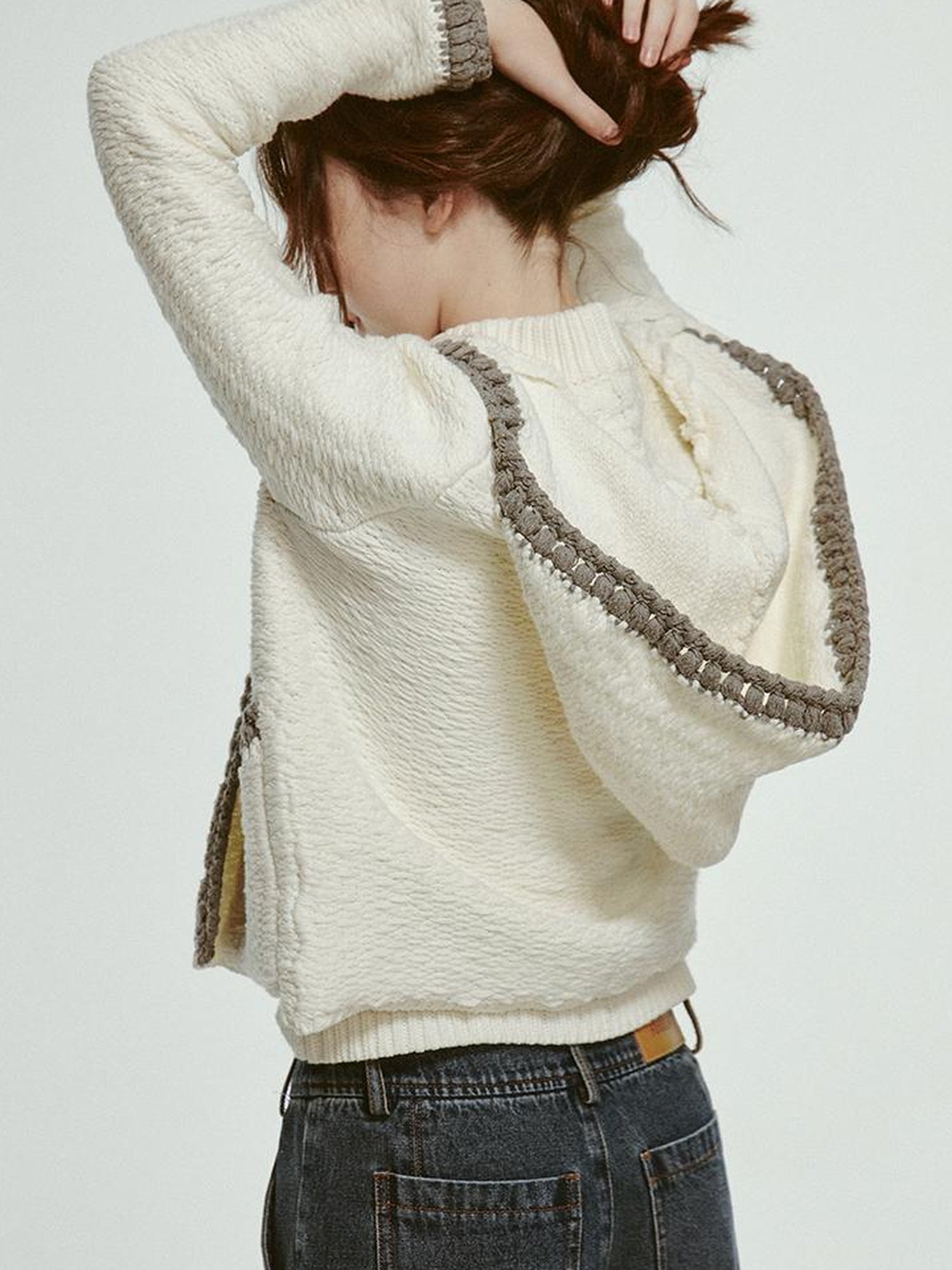 FUSSED Hand Embroidered White Grey Crochet Knit Cardigan Coat