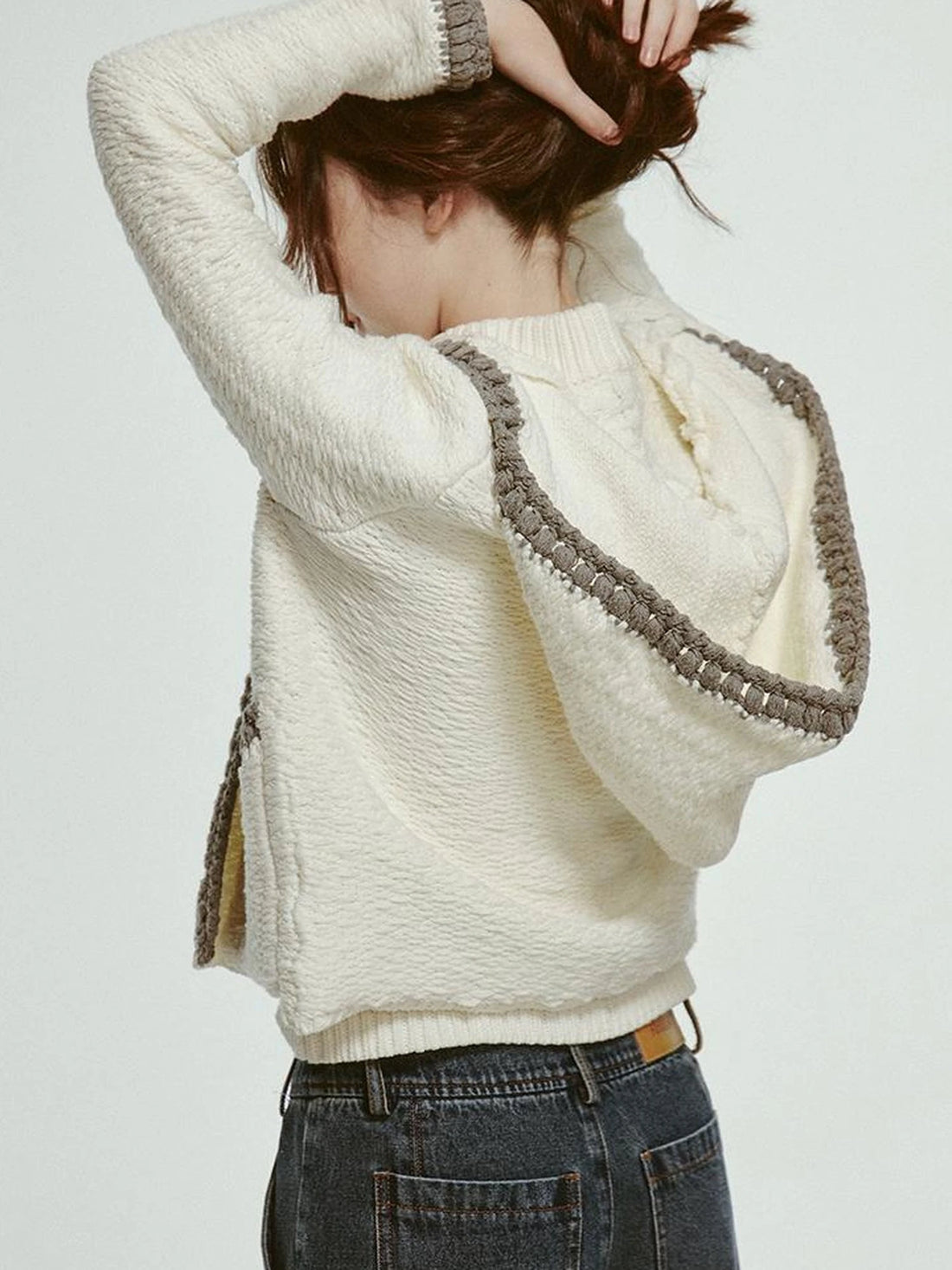 Hand Embroidered White Grey Crochet Knit Cardigan Coat