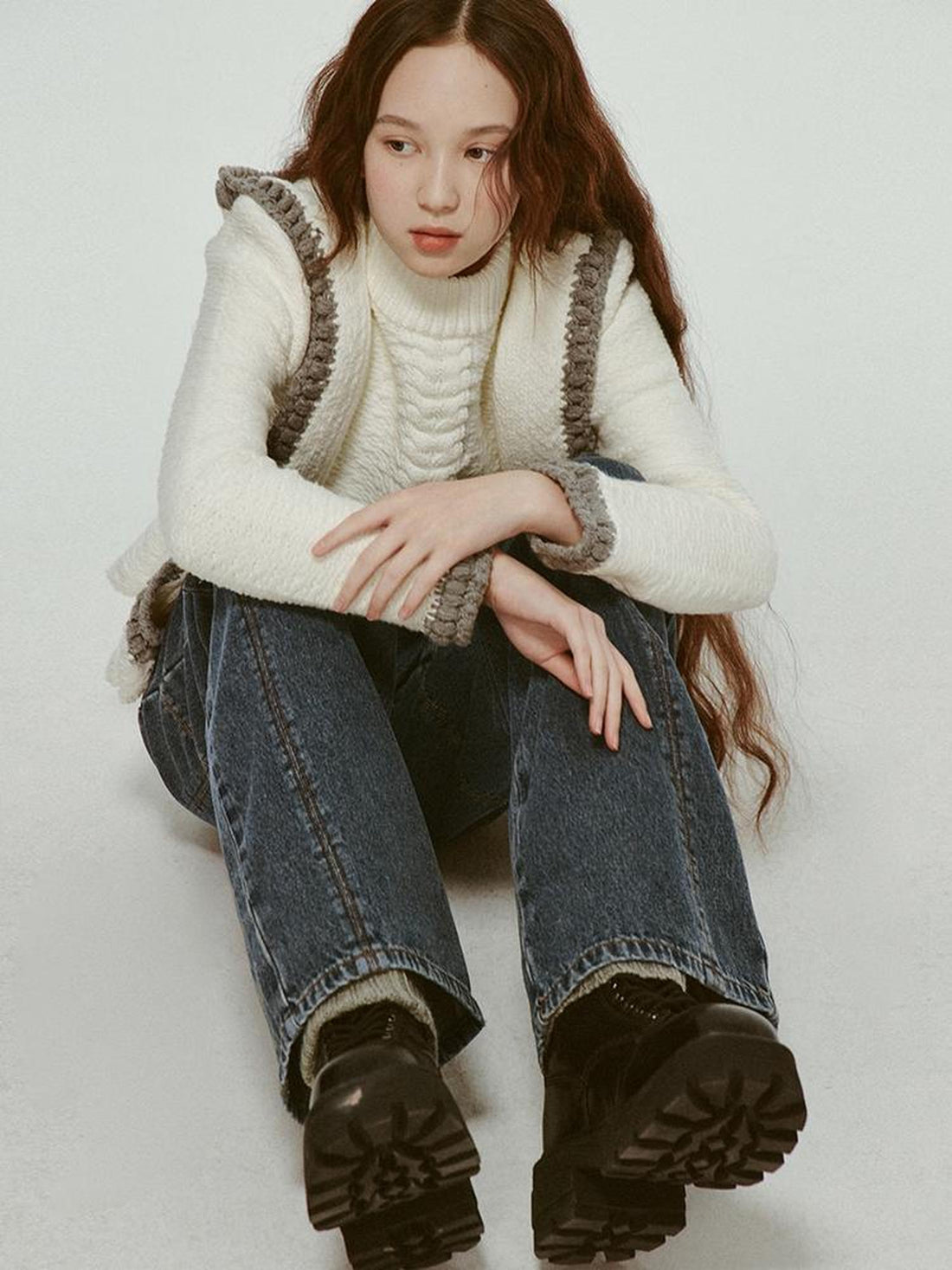 FUSSED Hand Embroidered White Grey Crochet Knit Cardigan Coat