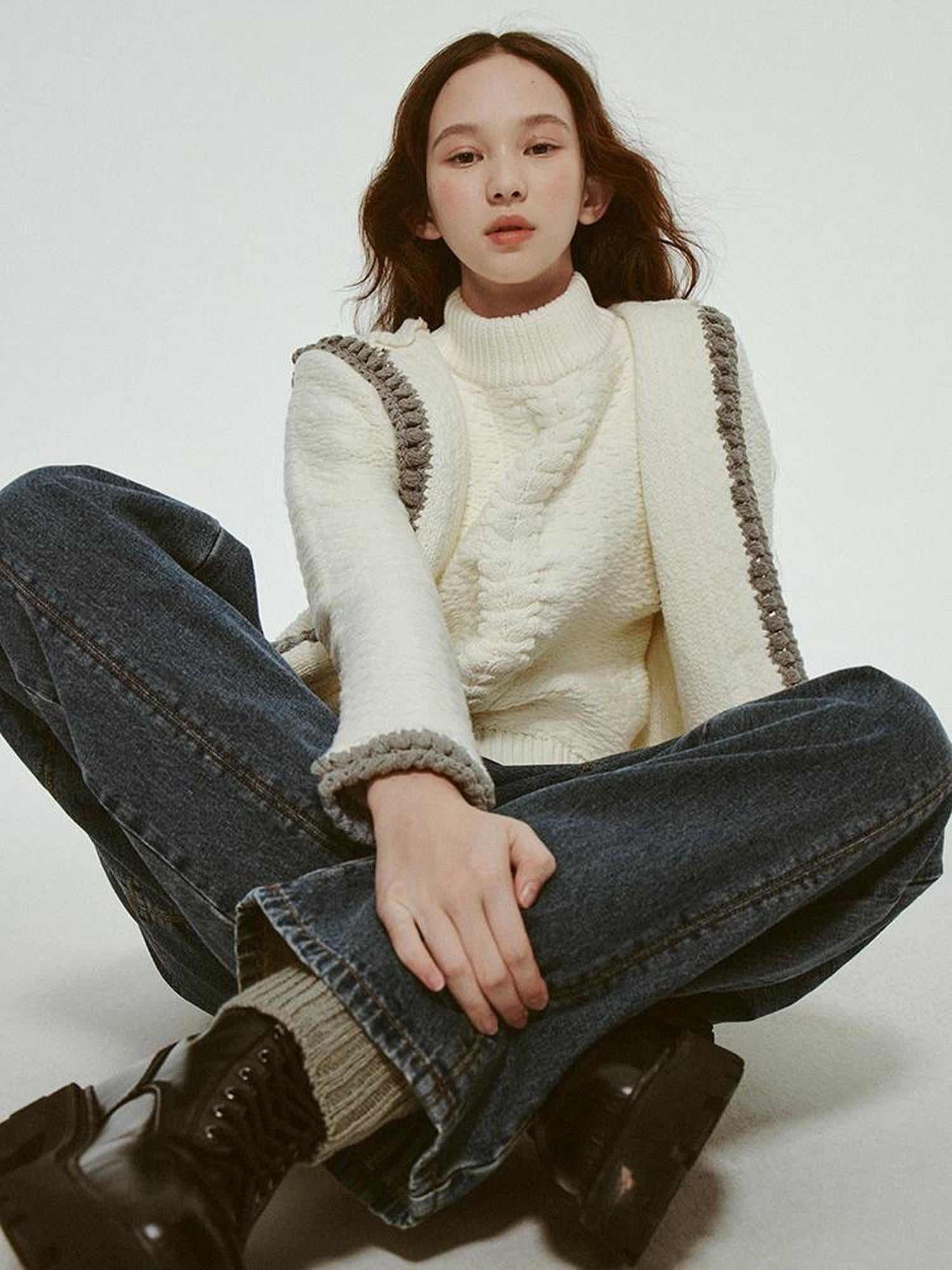 FUSSED Hand Embroidered White Grey Crochet Knit Cardigan Coat