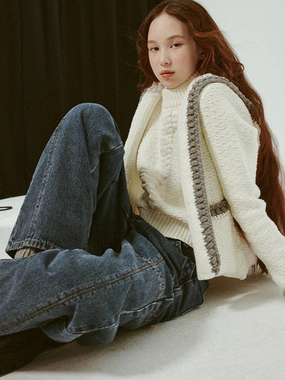 Hand Embroidered White Grey Crochet Knit Cardigan Coat