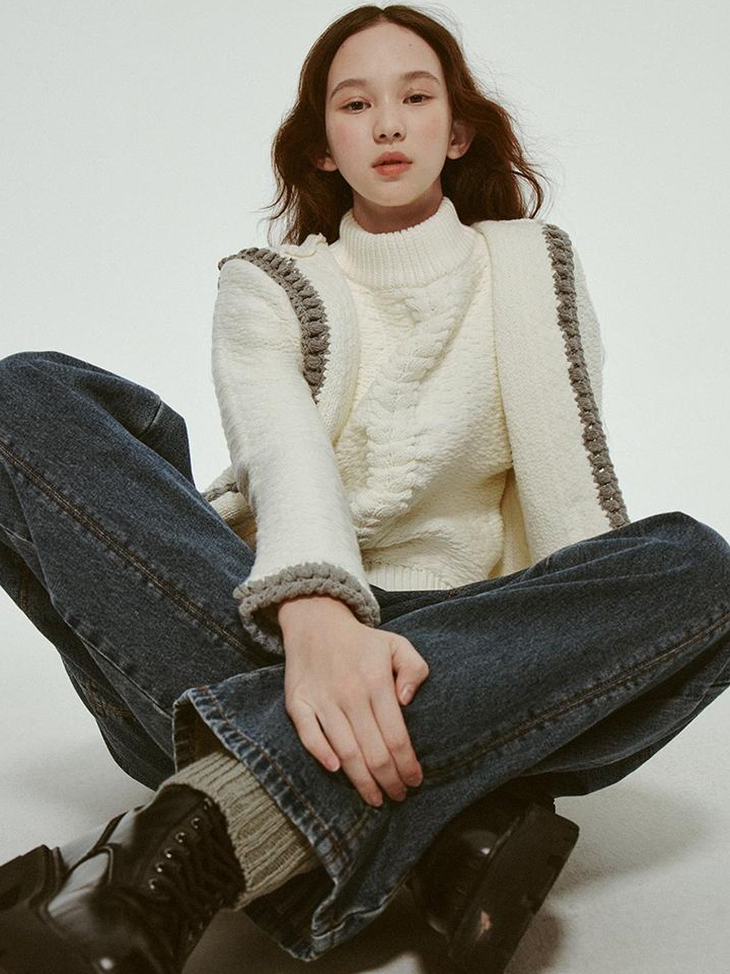 FUSSED Hand Embroidered White Grey Crochet Knit Cardigan Coat
