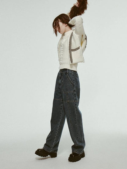 Hand Embroidered White Grey Crochet Knit Cardigan Coat