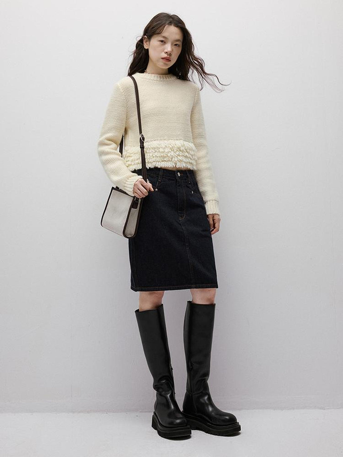 FUSSED Hand Knitted Crochet White Christmas Wool Sweater V-neck T-shirt Long Sleeve