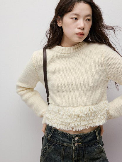 FUSSED Hand Knitted Crochet White Christmas Wool Sweater V Neck T Shirt Long Sleeve
