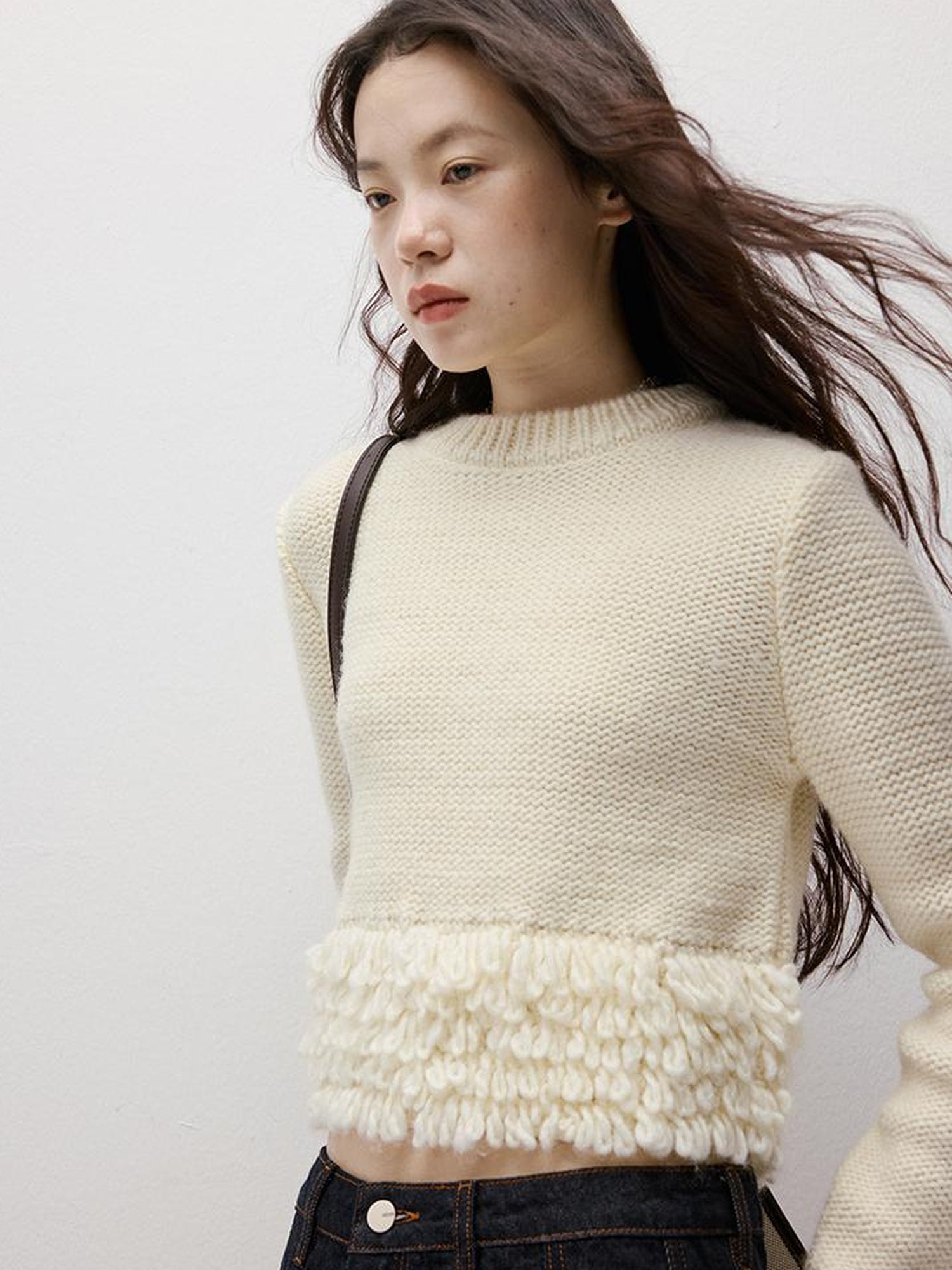 FUSSED Hand Knitted Crochet White Christmas Wool Sweater V Neck T Shirt Long Sleeve