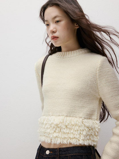 FUSSED Hand Knitted Crochet White Christmas Wool Sweater V Neck T Shirt Long Sleeve