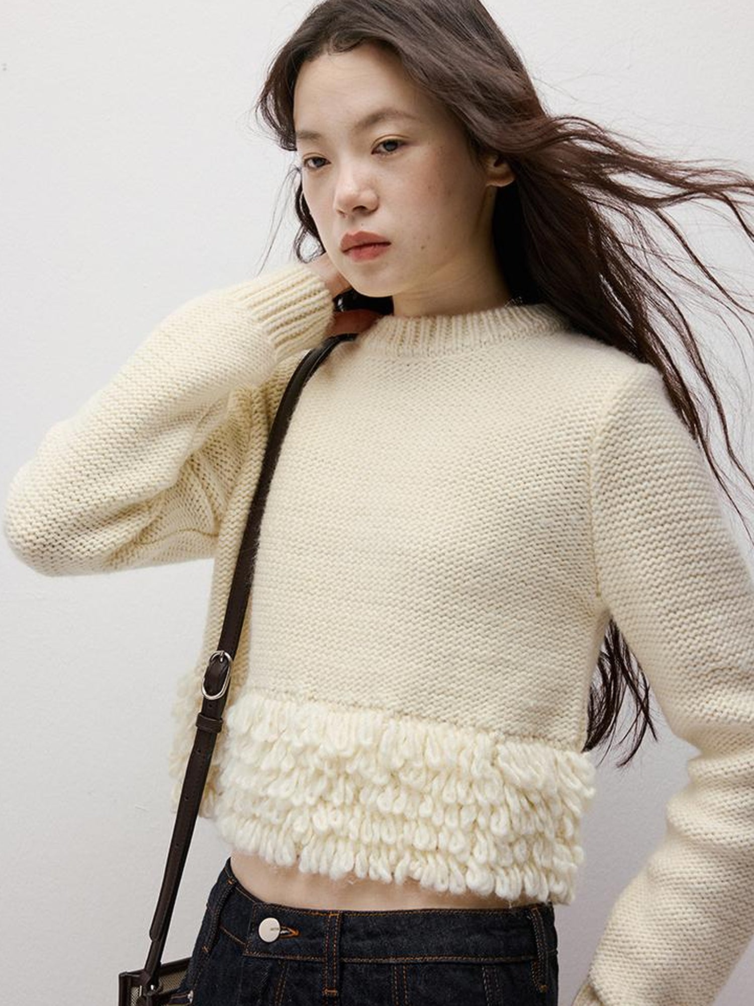 FUSSED Hand Knitted Crochet White Christmas Wool Sweater V Neck T Shirt Long Sleeve