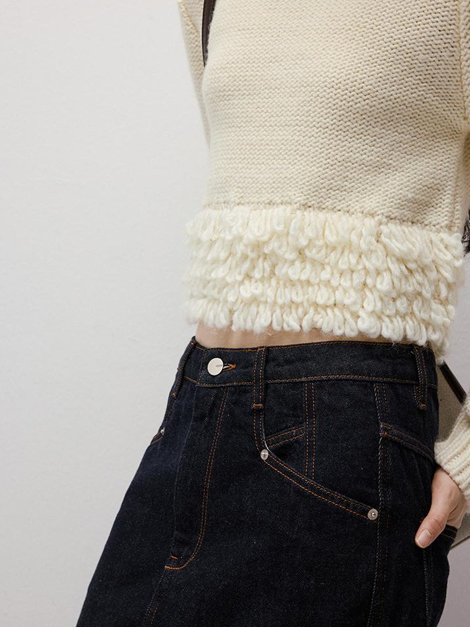 FUSSED Hand Knitted Crochet White Christmas Wool Sweater V Neck T Shirt Long Sleeve