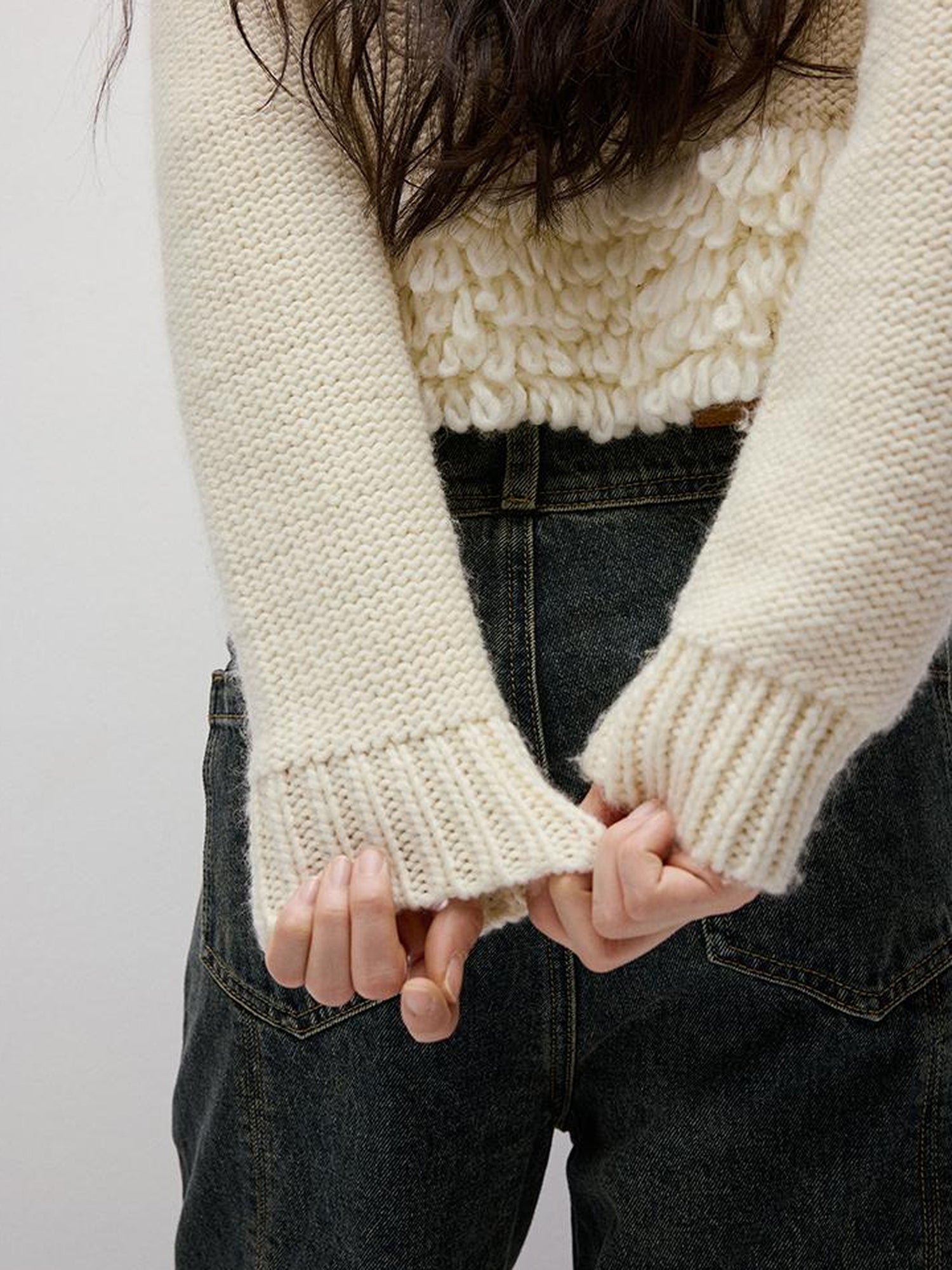 FUSSED Hand Knitted Crochet White Christmas Wool Sweater V Neck T Shirt Long Sleeve