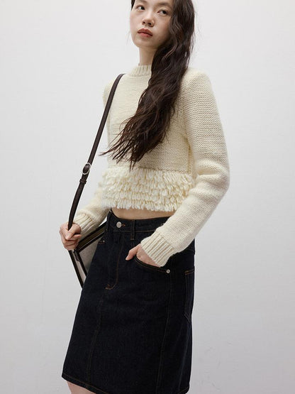 FUSSED Hand Knitted Crochet White Christmas Wool Sweater V Neck T Shirt Long Sleeve