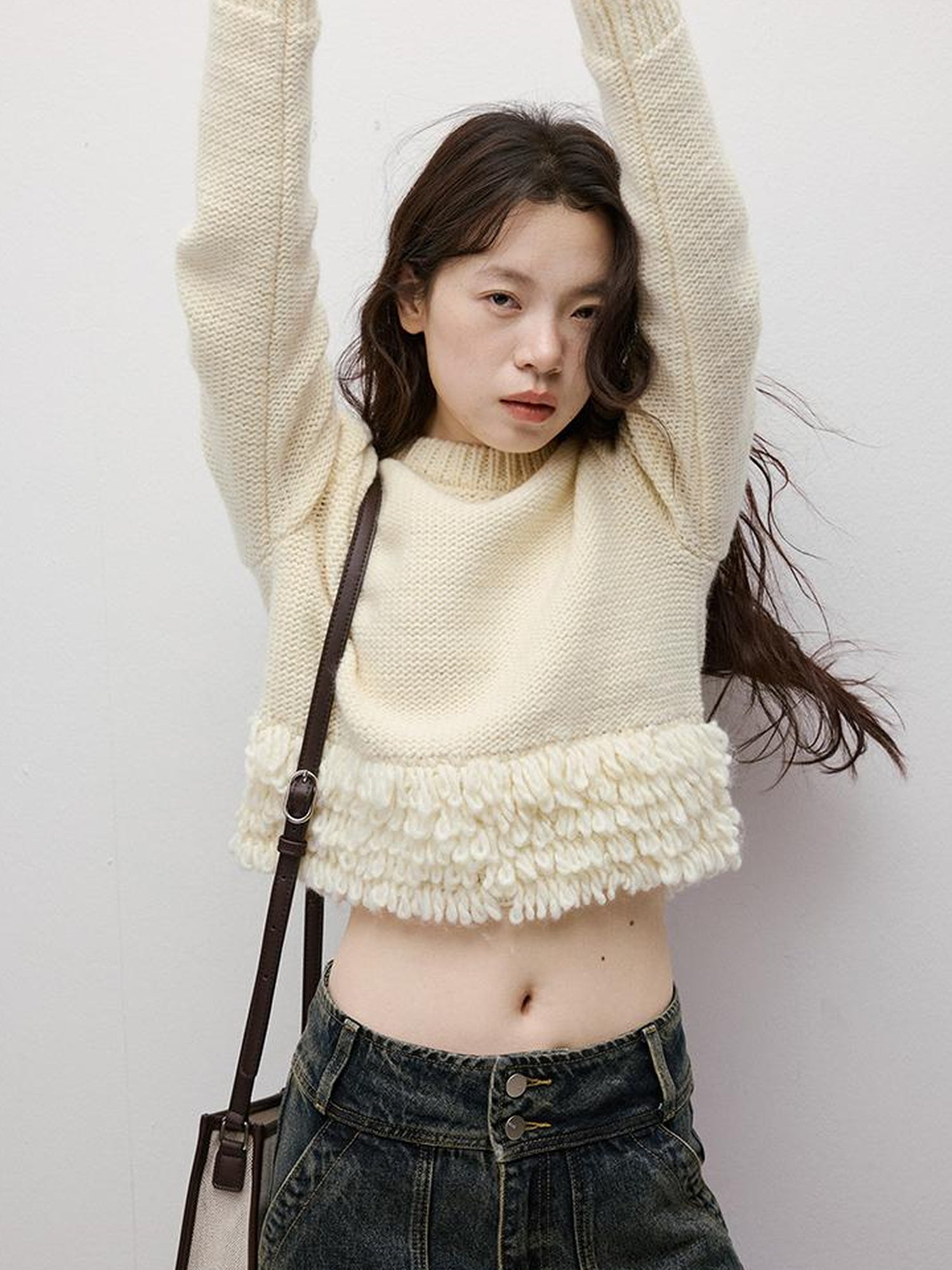 FUSSED Hand Knitted Crochet White Christmas Wool Sweater V Neck T Shirt Long Sleeve