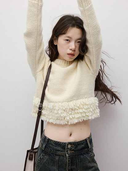 FUSSED Hand Knitted Crochet White Christmas Wool Sweater V Neck T Shirt Long Sleeve