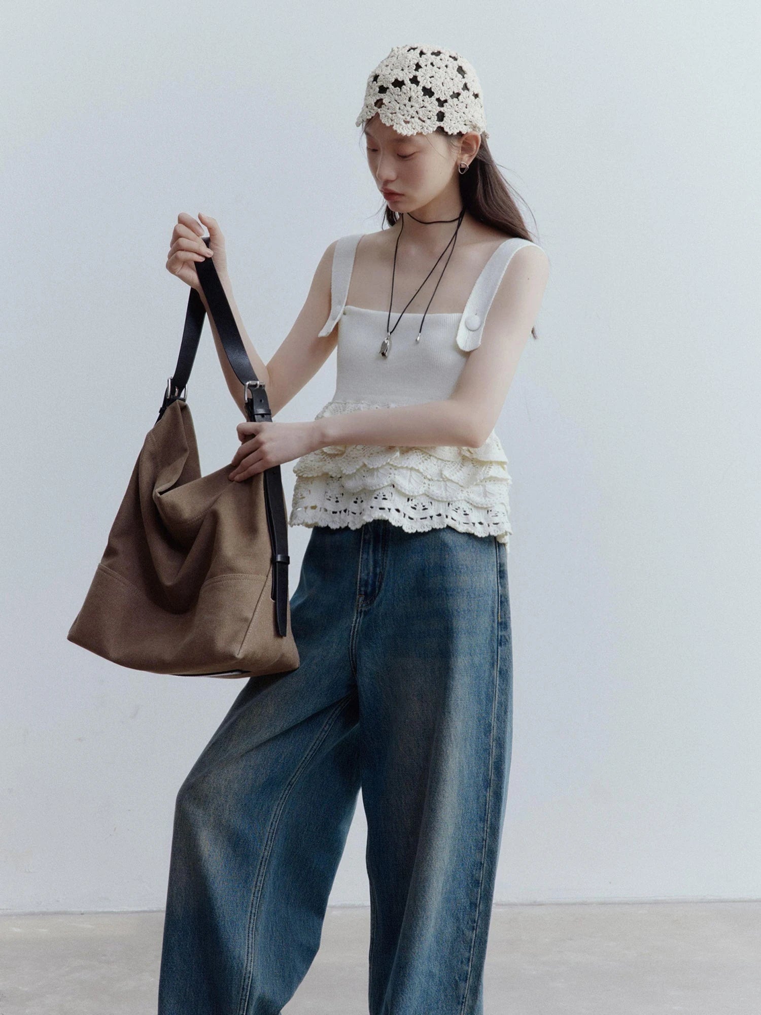 Hand Knitted Snowflake Beanie In Almond Cream