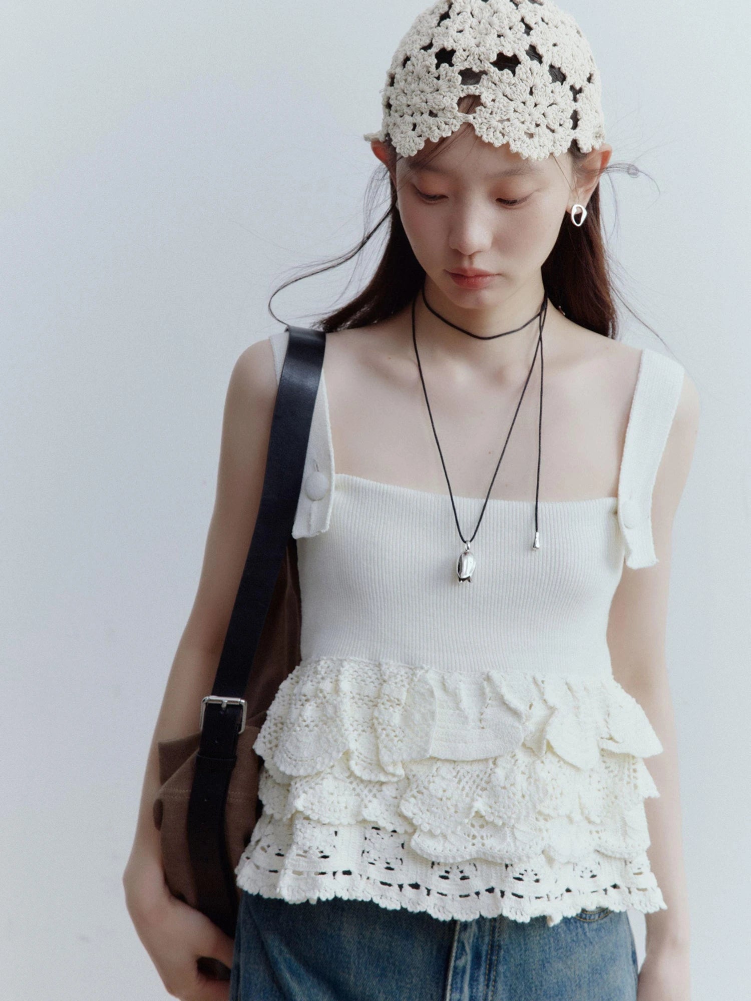 Hand Knitted Snowflake Beanie In Almond Cream