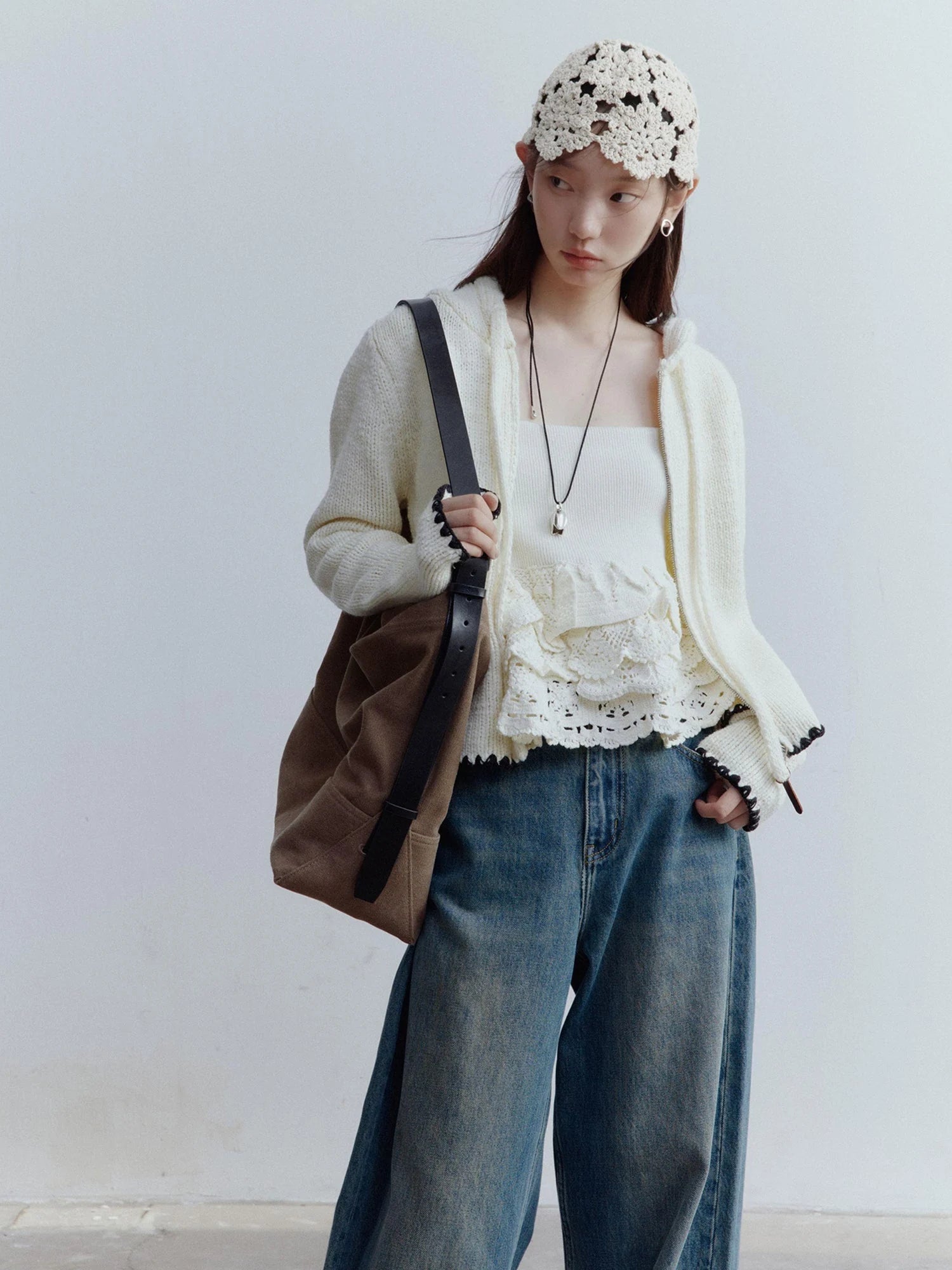 Hand Knitted Snowflake Beanie In Almond Cream