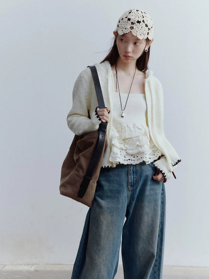 Hand Knitted Snowflake Beanie In Almond Cream