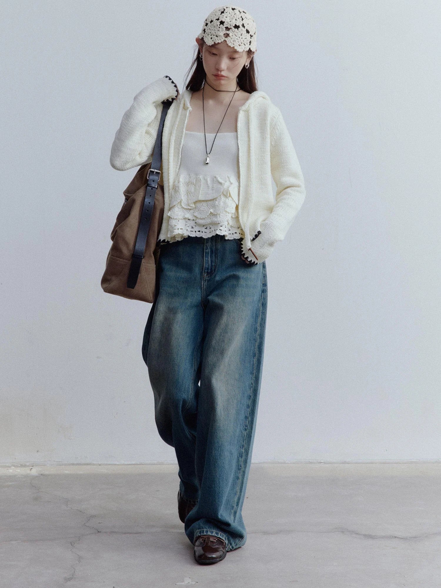 Hand Knitted Snowflake Beanie In Almond Cream